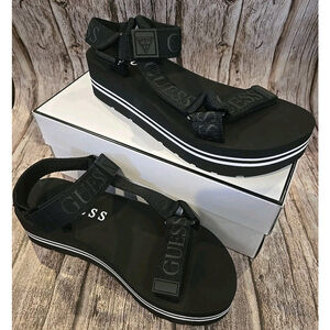 GUESS Avin Black Fabric Platform Sandals Women’s Size 8.5M Logo Straps Shoes(5)